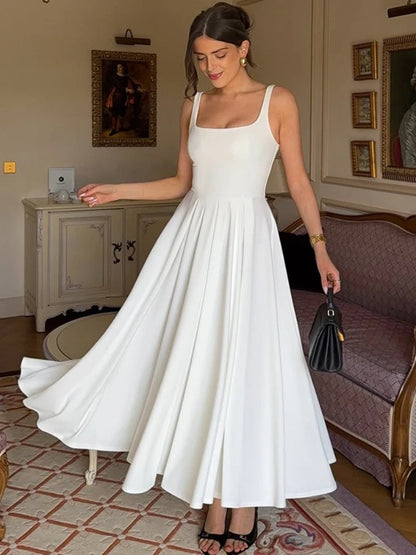 CLO018DJ
Woman Clothes Sleeveless High Waist Tunics A-line Long Dress Streetwear Ladies Backless Ruched White Party Vacation Dresses - Klixstore