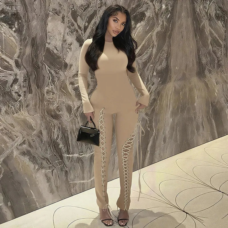 Hollow Out Bandage Long Sleeve Jumpsuit