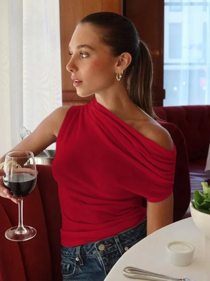 CLO001TP
Elegant One Shoulder Sleeveless Irregular Tank Tops Women 2025 Summer Diagonal Collar Ruched Solid Corset Female Cropped T-shirt - Klixstore