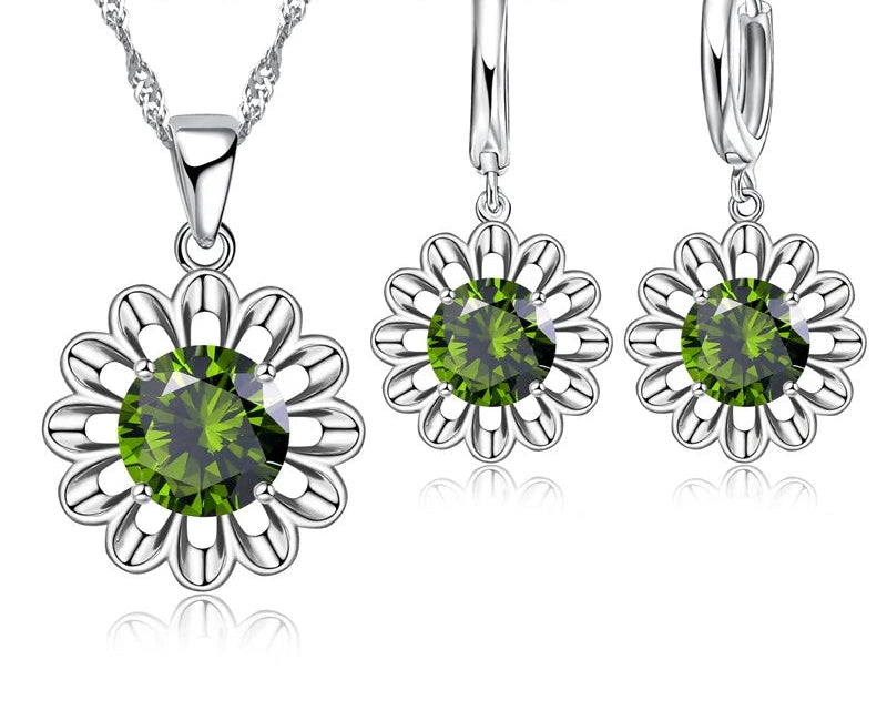 925 Silver CZ Flower Bridal Jewelry Set