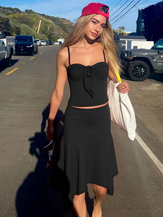 CLO001DJ
Woman Clothing Sexy Lace-up Camisoles Top+Asymmetrical Midi Skirts Set Holiday Beach Outfit Black Red Solid Dresses 2 Piece Sets - Klixstore