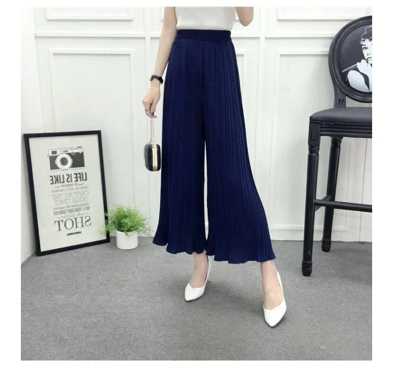 Elastic Waist Pleated Wide Leg Skirt Pants