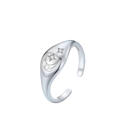 JEW004R  Solid 925 Sterling Silver Star and Moon Seal Adjustable Ring for Women - Klixstore