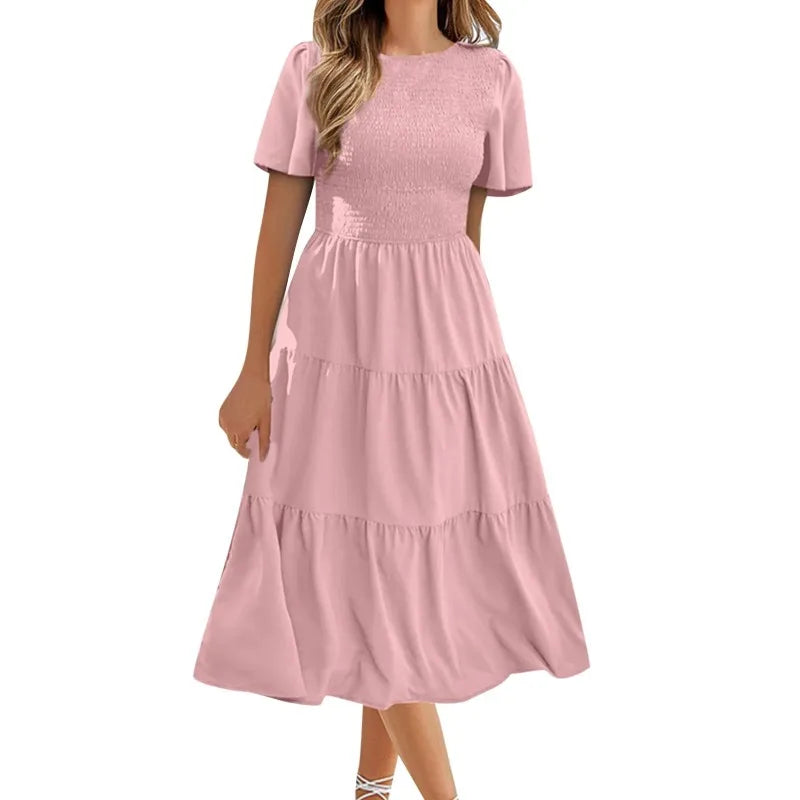 V-Neck Smocked Waist Tiered Midi Dress