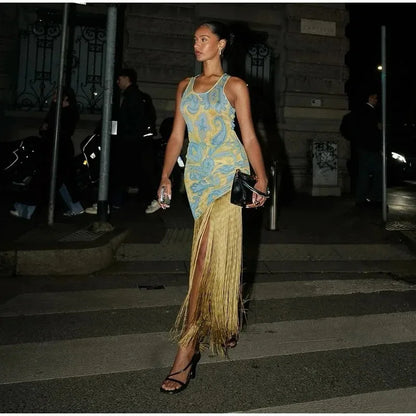 Printed Tassel Sleeveless Pleated Summer Dress