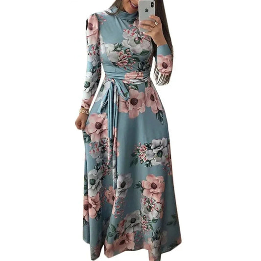 Boho Floral Print Long Sleeve Maxi Dress