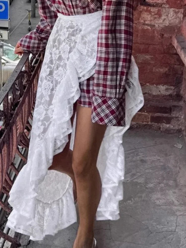 High Waist Ruffles Split Lace Skirts