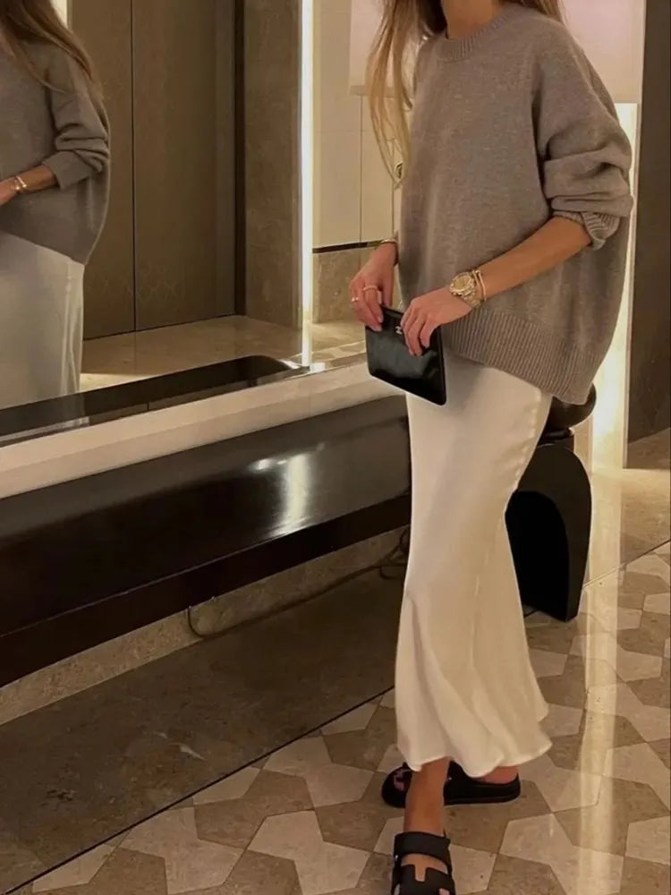 Elegant High Waist Satin Midi Skirt for Women