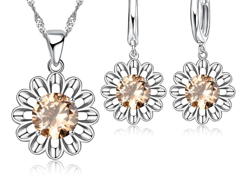 925 Silver CZ Flower Bridal Jewelry Set