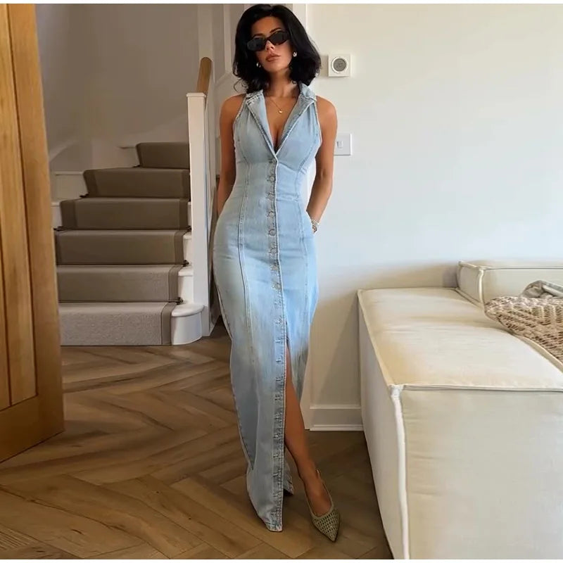 Denim Sleeveless Split Long Dress
