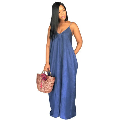 Bohemian Denim Maxi Dress – V-Neck Sleeveless Summer Beach Style