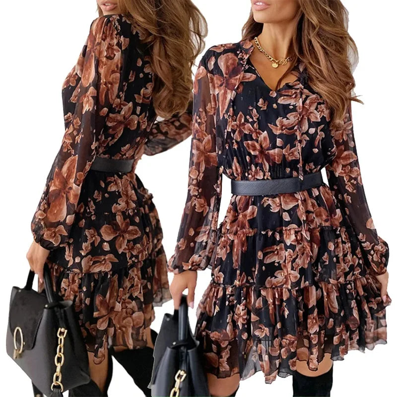 Floral V-Neck Ruffled A-Line Wrap Dress