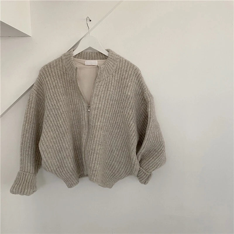 Solid Color Knitted Zip Up Cardigan for Women