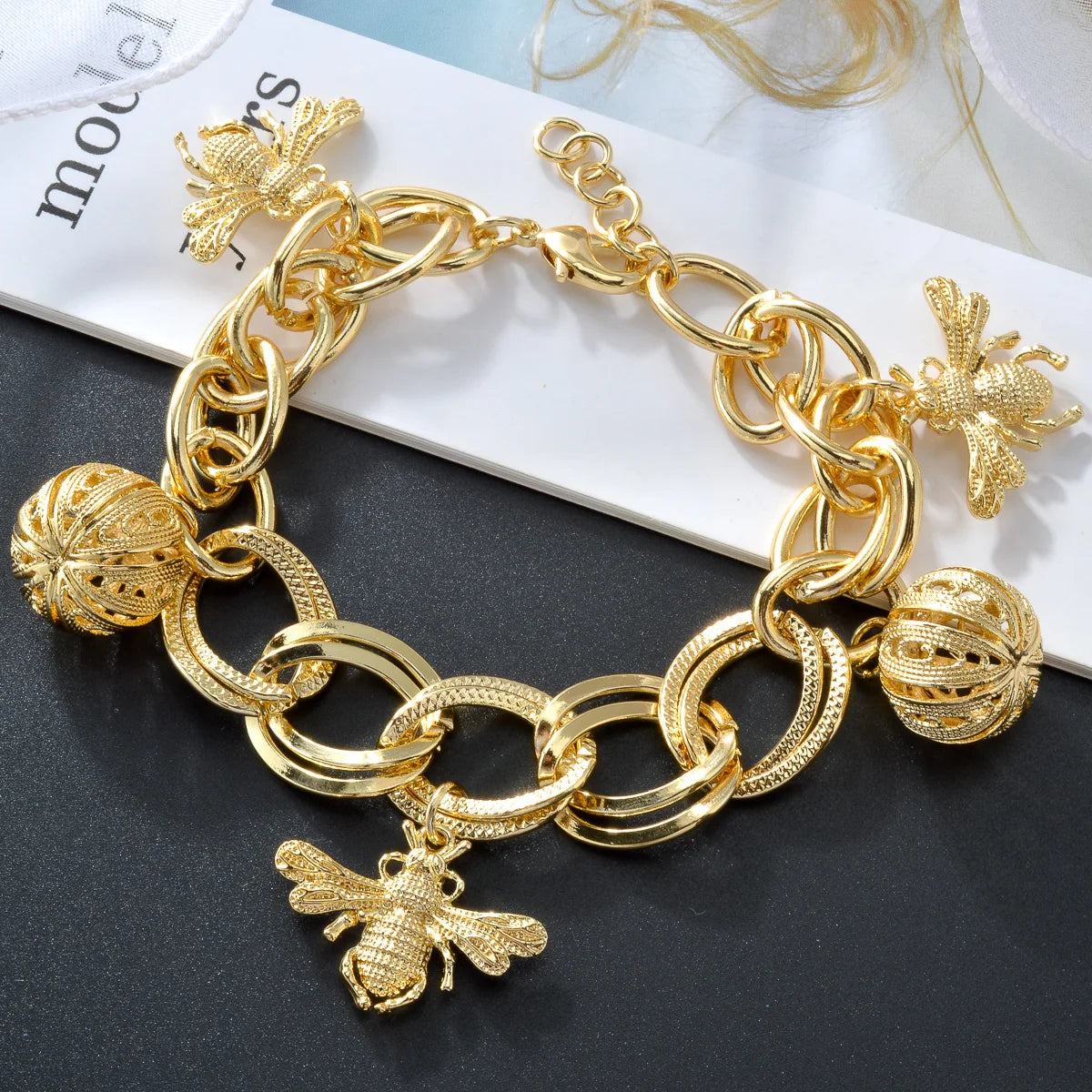 Gold Bee Pumpkin Charm Bracelet