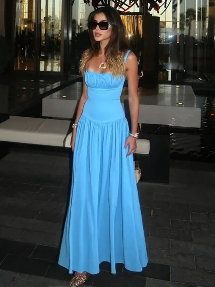 CLO010DJ
 Women's Sleeveless High Waist Corset Dress  Outfit Female Spaghetti Strap Slash Neck Tunics A-line Long Dresses - Klixstore