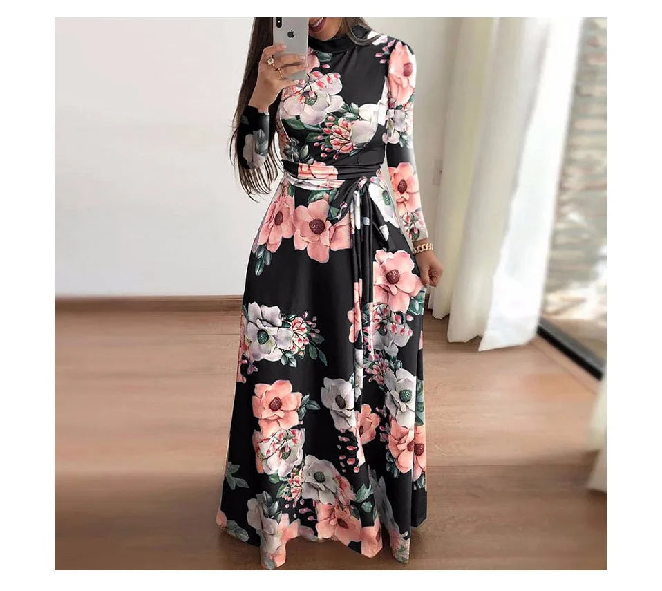 Boho Floral Print Long Sleeve Maxi Dress