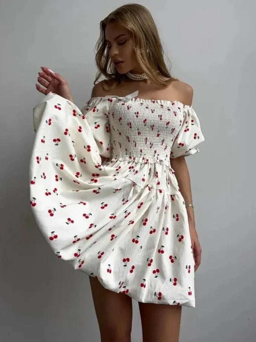 CLO054DJ
Fashion Sweet Cherry Printed A-line Short Dresses Women's  Strapless Off Shoulder Backless Tunics White Holiday Dress - Klixstore