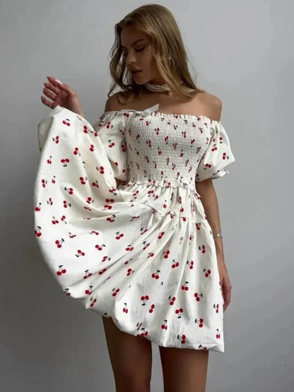 CLO054DJ
Fashion Sweet Cherry Printed A-line Short Dresses Women's  Strapless Off Shoulder Backless Tunics White Holiday Dress - Klixstore