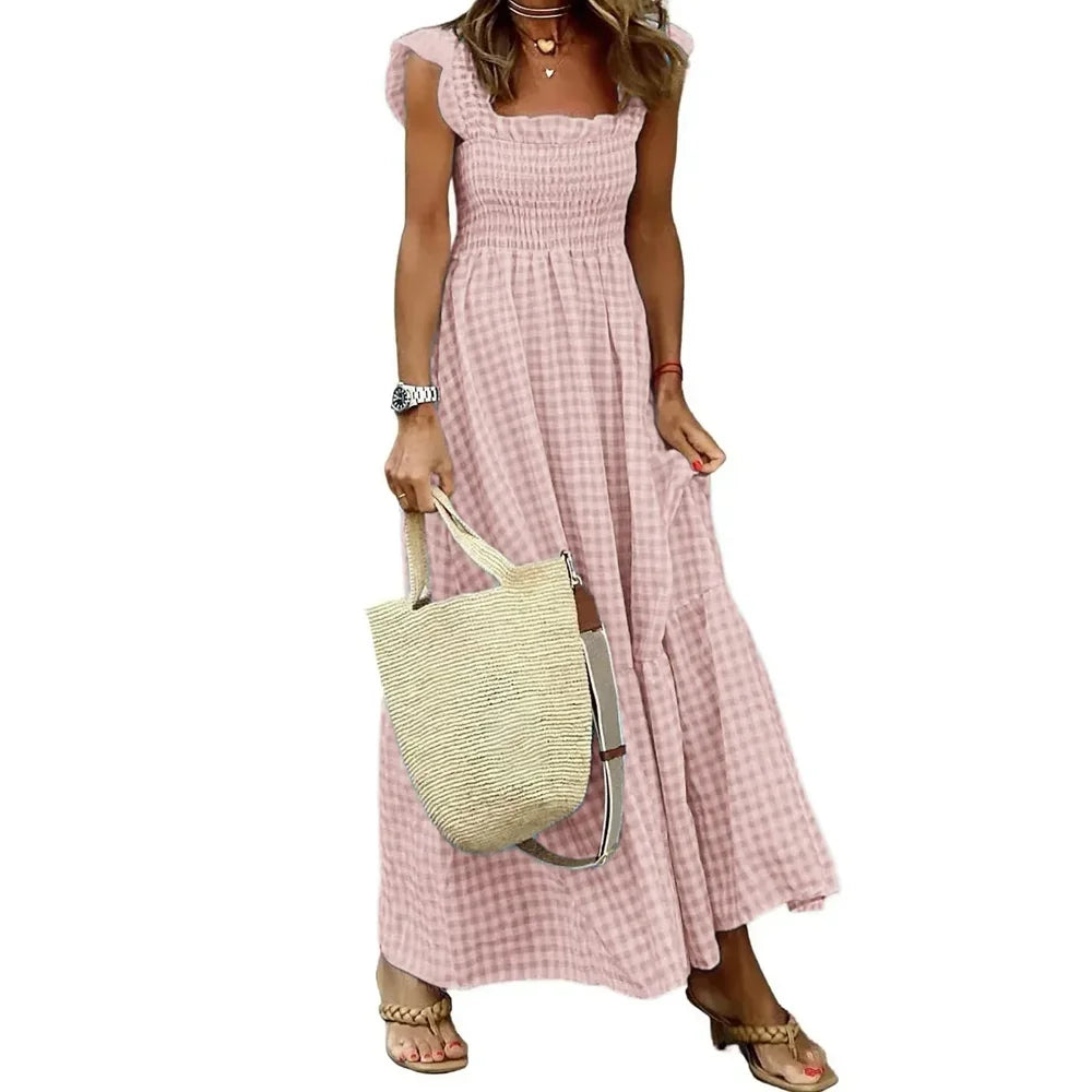 Elegant Plaid Ruffle Slip Maxi Dress