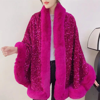 Women's Short Winter Jacket with Fur Collar and Sequin Shawl 2025