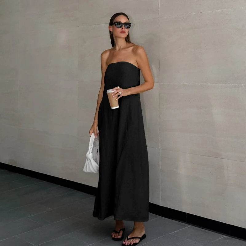 French Khaki Cotton Linen Strapless High Waist Holiday Dress