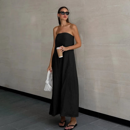 French Khaki Cotton Linen Strapless High Waist Holiday Dress