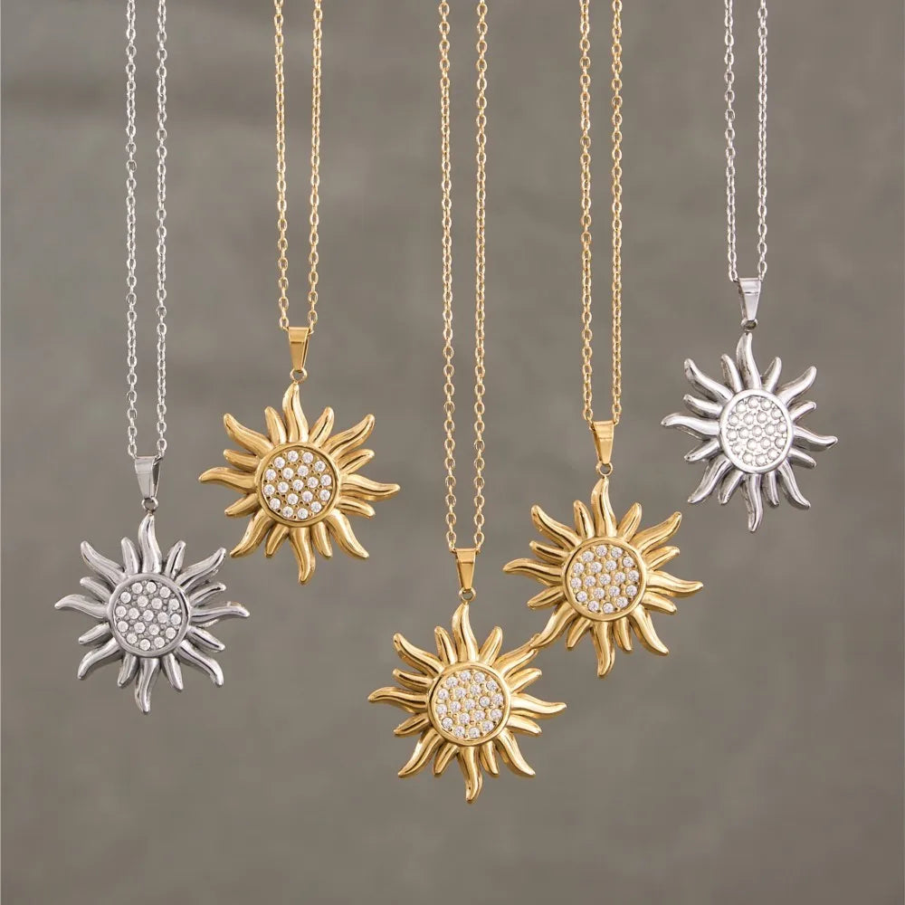 18k Gold Zircon Sun Pendant Necklace for Women