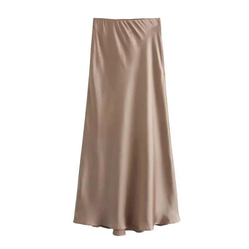 Elegant High Waist Satin Midi Skirt for Women