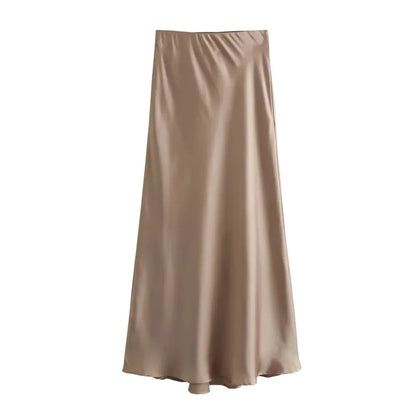 Elegant High Waist Satin Midi Skirt for Women