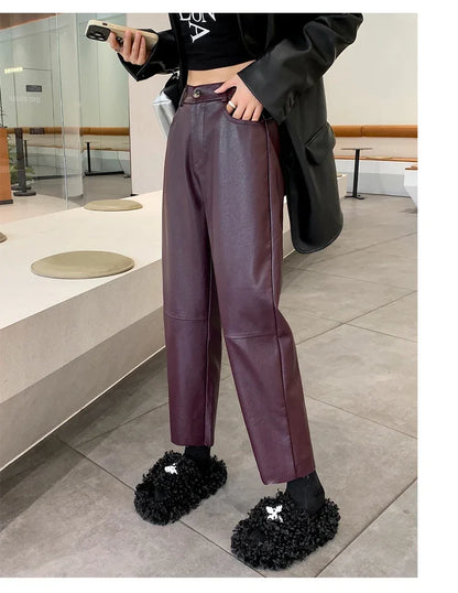 High Waist PU Leather Straight Pants for Women