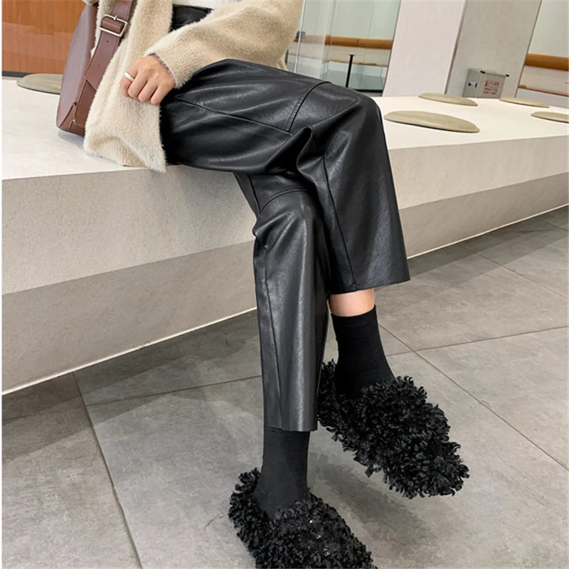 High Waist PU Leather Straight Pants for Women