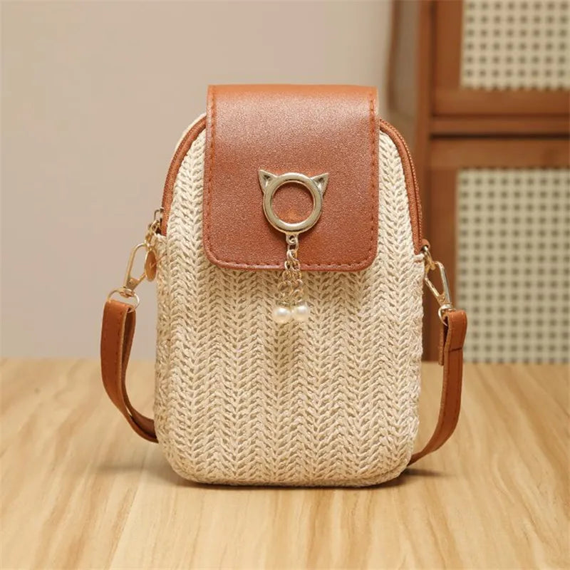 Women's Woven Straw Crossbody Bag | Handwoven Shoulder Purse with Lock Closure