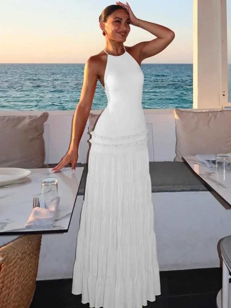 CLO011DJ
 Women's Halter Neck Backless Ruched Long Holiday Dresses Sexy Sleeveless Lace-up High Waist A-line Evening Party Dress - Klixstore