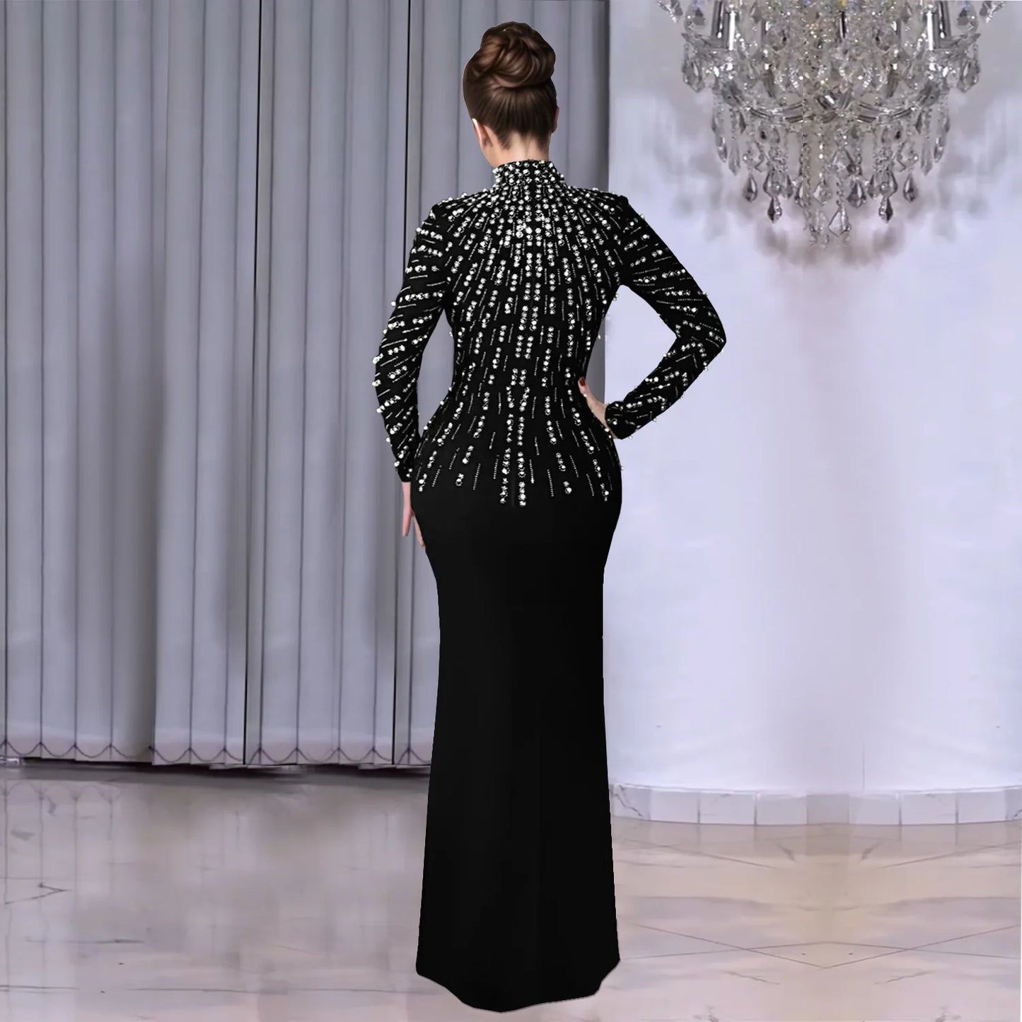 Elegant Glitter Pearl Bodycon Evening Maxi Dress