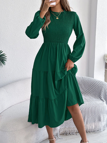 Smocked Tiered Ruffle Midi Dress – Long Sleeve | Burgundy, Dark Green, Khaki