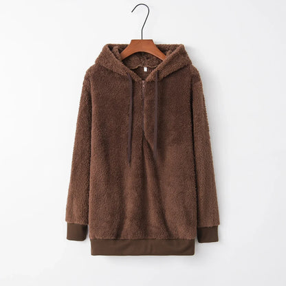 Plush Hooded Loose Sweatshirt Jacket for Women