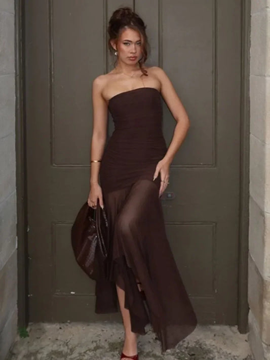 CLO030DJ
 Sexy Strapless Mesh Patchwork Long Dress Women Sleeveless Off Shoulder Backless Ruched Evening Party Dresses Streetwear - Klixstore