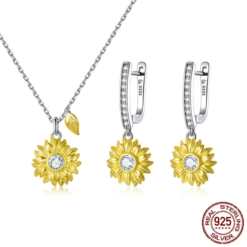 JEW010AX  Silver Sunflower Jewelry Set 925 Sterling Silver Gold Color Lucky Necklace Earring Gift for Women - Klixstore