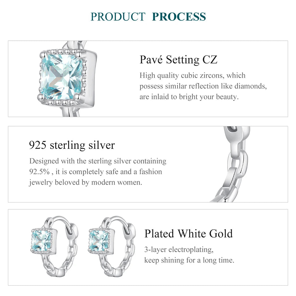 JEW008ER         925 Sterling Silver Inlaid Blue CZ Geometric Square Stud Earrings Light - Klixstore