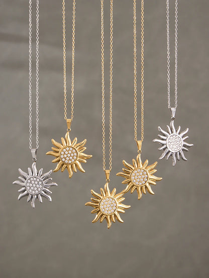 18k Gold Zircon Sun Pendant Necklace for Women
