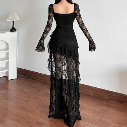 Goth Lace Flare Sleeve Square Neck Dress