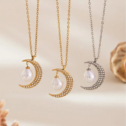 Stainless Steel Zircon Moon Pendant Necklace for Women