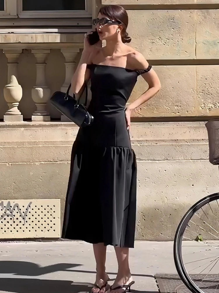 CLO015DJ
Woman Clothing Slash Neck Ruched A-line Evening Dress Female Elegant Sleeveless Solid Black Party Dresses Streetwear - Klixstore