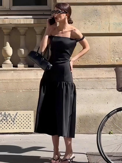 CLO015DJ
Woman Clothing Slash Neck Ruched A-line Evening Dress Female Elegant Sleeveless Solid Black Party Dresses Streetwear - Klixstore