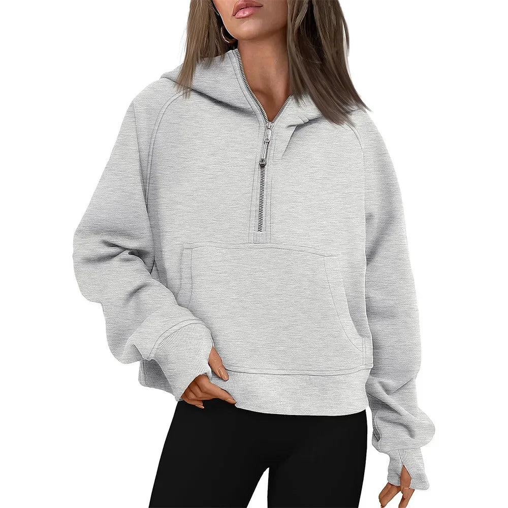 Cropped Half Zip Fleece Hoodie for Women