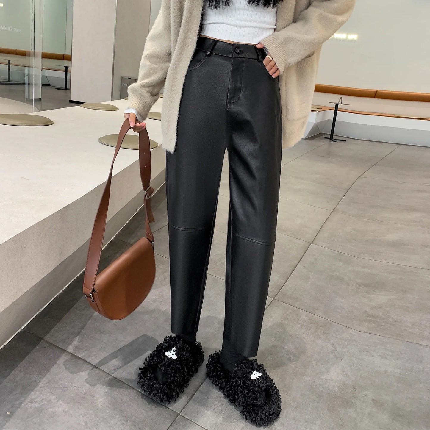 High Waist PU Leather Straight Pants for Women