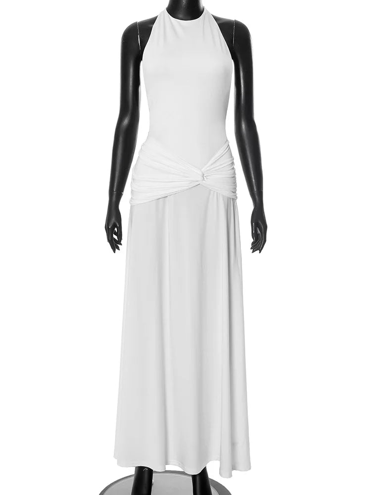 CLO021DJ
Elegant Halter Neck Lace-up Backless Long Maxi White Dress Women's Summer Sleeveless Ruched A-line Evening Party Prom Dresses - Klixstore