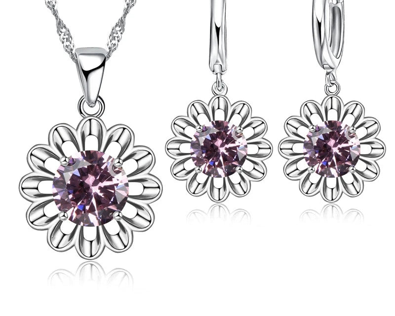 925 Silver CZ Flower Bridal Jewelry Set