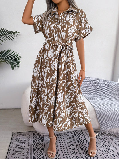 Leopard Print Batwing Shirt Dress | Button Slim Waist Mid-Calf | Summer