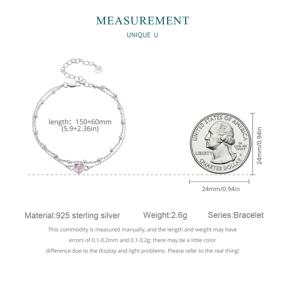 925 Silver Double Layer Pink Heart Bracelet